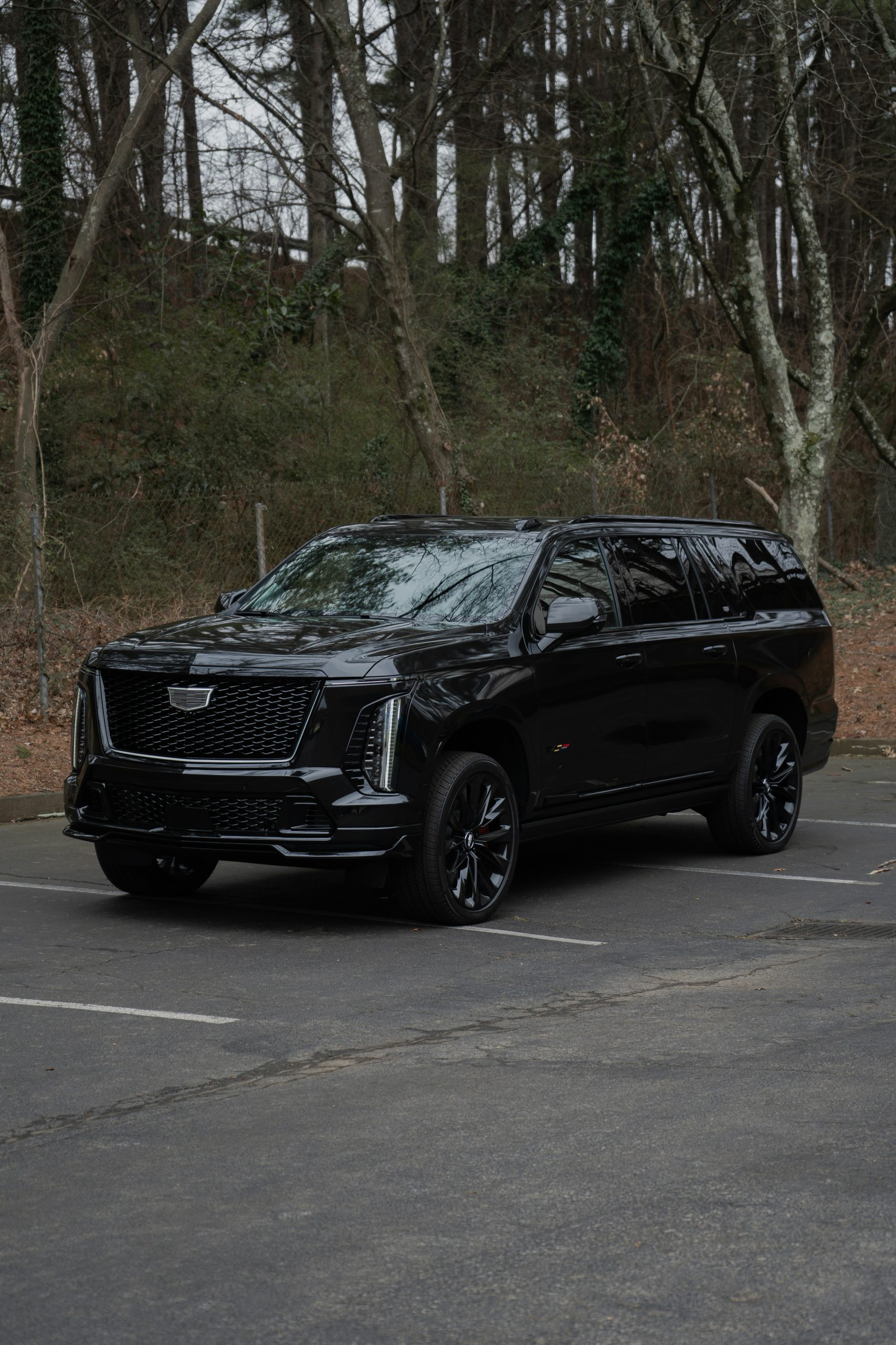 A sleek, obsidian black Cadillac Escalade ESV parked in a professional setting, highlighting Orlux’s high-capacity Luxury SUV Transfers for corporate groups and families.