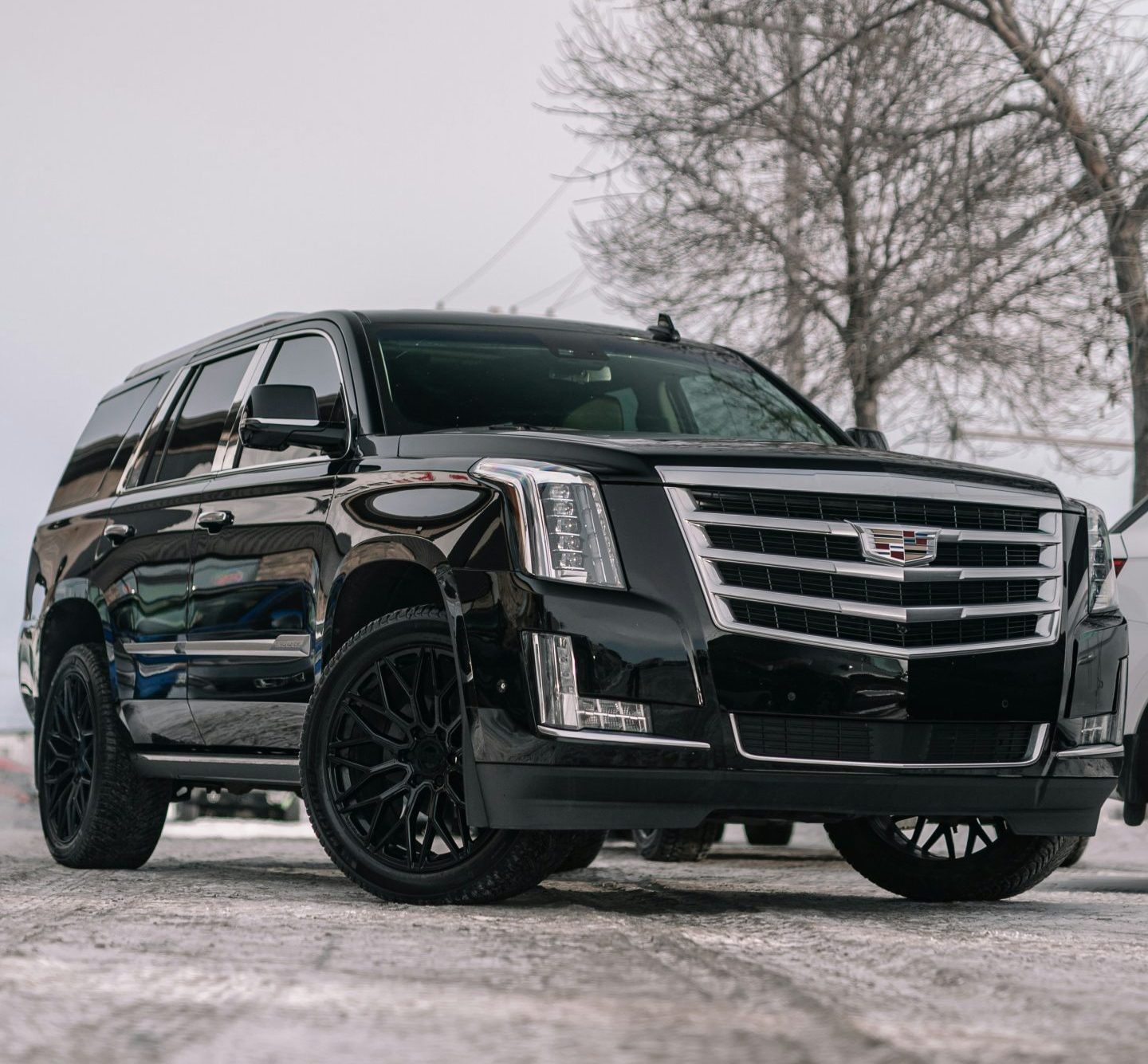 A black Cadillac Escalade parked on a light-colored surface, featuring high-end black multi-spoke wheels and a sleek, polished finish.