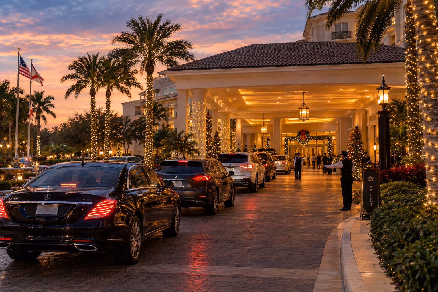 Cars queuing at a Kissimmee resort entrance on a December evening
