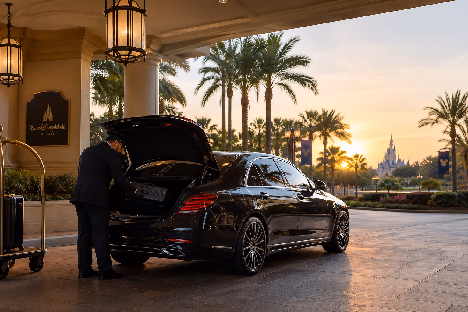 Chauffeur loading luggage into an Orlux sedan outside a Walt Disney World resort on a cruise morning