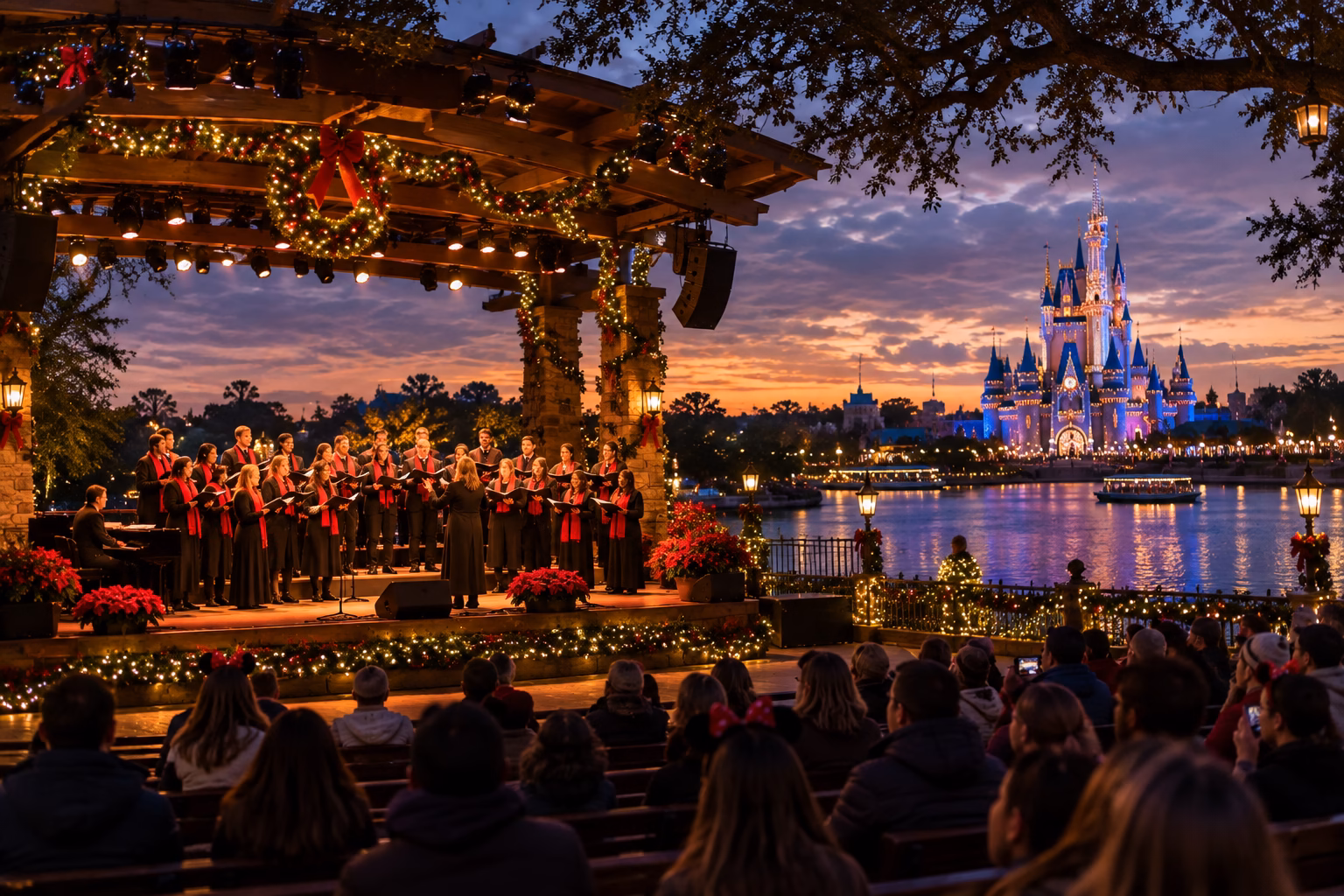 Choir performing at an outdoor amphitheater during a Walt Disney World holiday evening