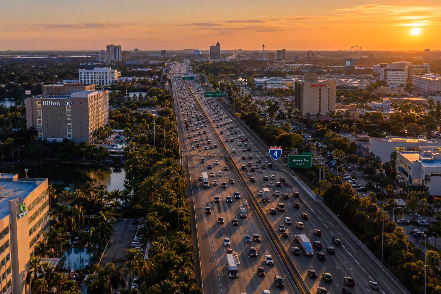 Interstate 4 traffic through the Orlando tourist corridor at golden hour