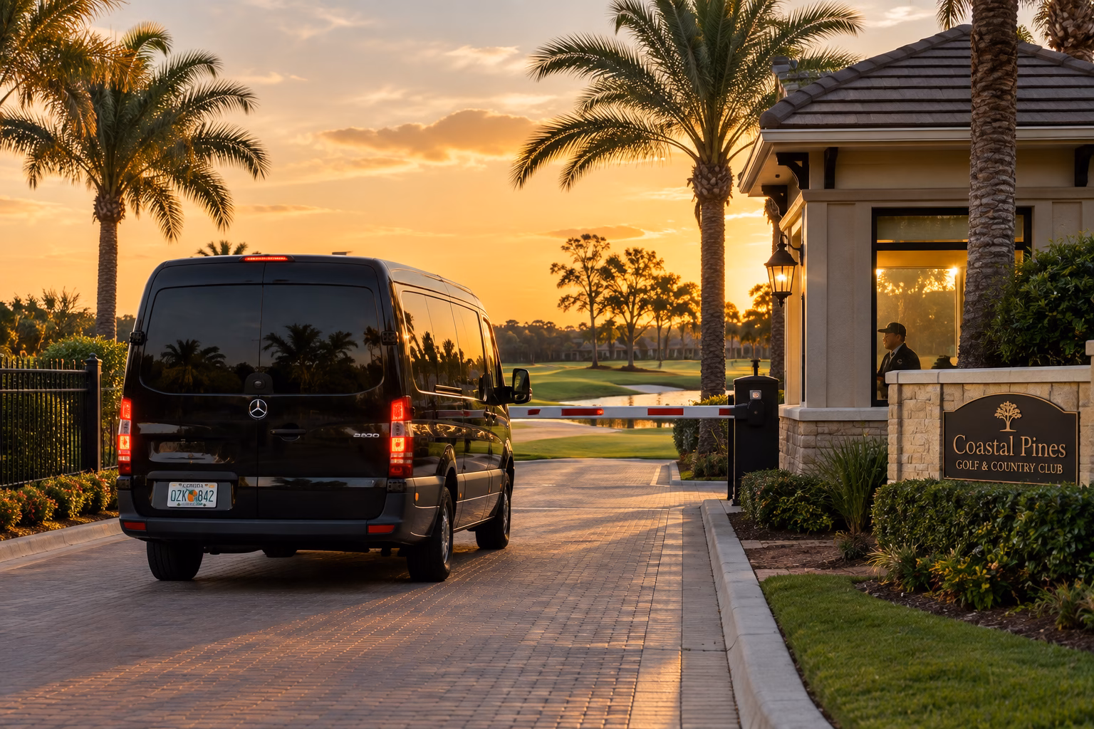 Private van arriving at the guard gate of a ChampionsGate area vacation home community