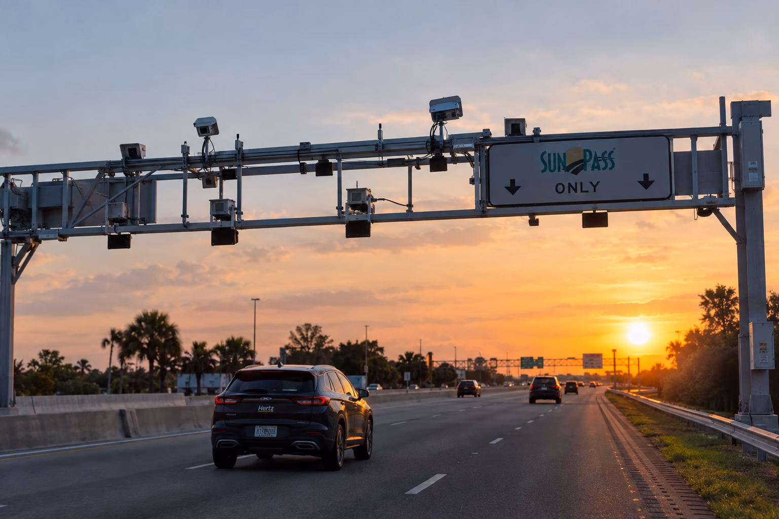 Toll gantry over a Central Florida expressway with a car passing underneath at dusk