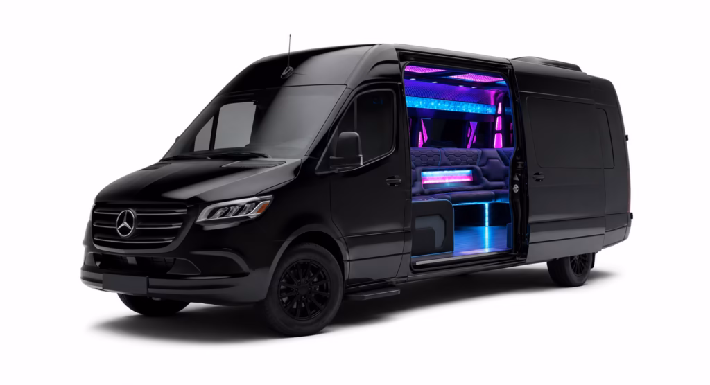 limo sprinter van transparent interior Bachelorette Party Bus 2026 Orlux Rides