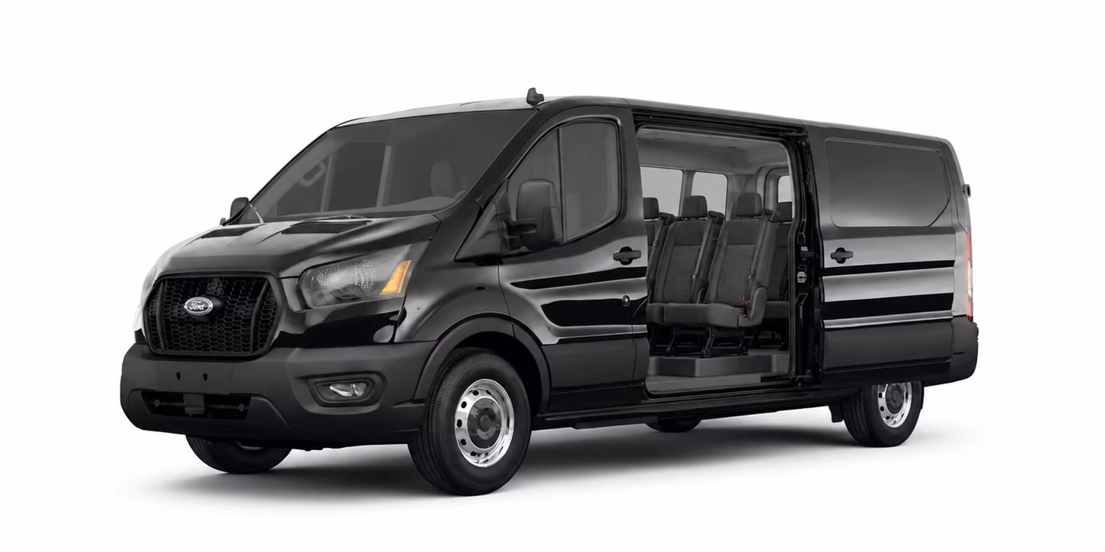 10 Passenger Van Rental Orlando: The 2026 Smart Group Transport Guide 1 Black Ford Transit 10-passenger van with its sliding door open, showing rows of seats